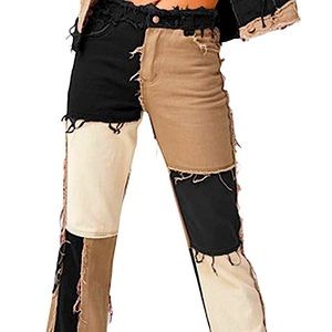 High waisted multi-color denim patchwork jeans